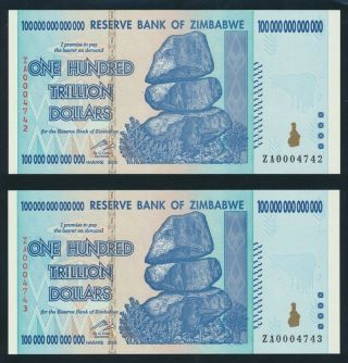 Zimbabwe: 2008 100 Trillion Dollars Rare Low No " Za " Replacement Pair.  P91r Unc