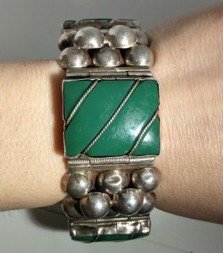 Vtg 7.  5 " Sterling Silver Green Onyx Ball Bead Panel Bracelet Mexico Pre 1948