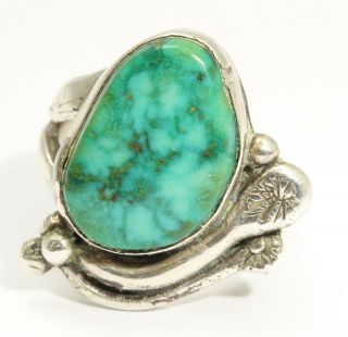 Vintage Navajo Sterling Silver Old Pawn Stamped Spiderweb Green Turquoise Ring