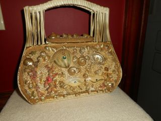 Vintage Shell Art Handbag Straw World Hialeah,  Fl Wicker Hamper With Sea Shells