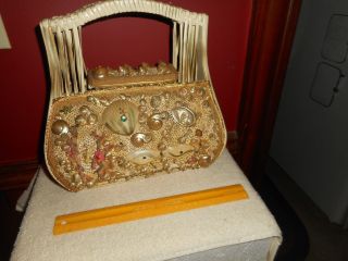Vintage Shell Art Handbag Straw World Hialeah,  FL Wicker Hamper with Sea Shells 2