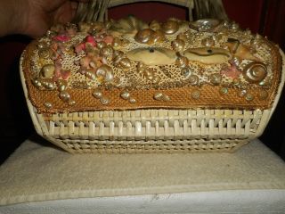 Vintage Shell Art Handbag Straw World Hialeah,  FL Wicker Hamper with Sea Shells 5
