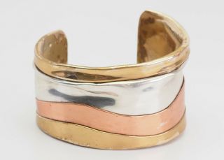 Vintage Designer Handmade Sterling Silver Copper Brass Form Cuff Bracelet