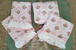 Vintage Full Shabby Pink Cameo Rose Floral Fitted Flat Sheets & 2 Pillowcases