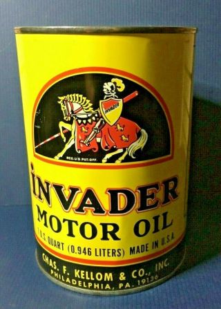 Vintage Invader Motor Oil Chas.  F.  Kellom & Co.  Phil Pa Quart Can Full 90