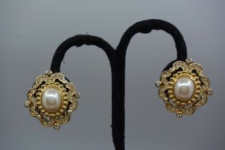 Stunning Vintage Christian Dior Faux Pearl Cabochon Rhinestone Clip On Earrings