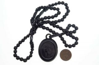 Antique Whitby Jet Athena Cameo Mourning Pendant & French Jet Bead Necklace $1nr