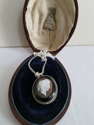 Antique Whitby Jet Shell Cameo Pendant With Silver Back On Silver Chain