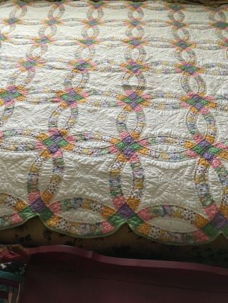 Vintage Double Wedding Ring Quilt Top Hand Stitched - 68” X 78” Full/queen