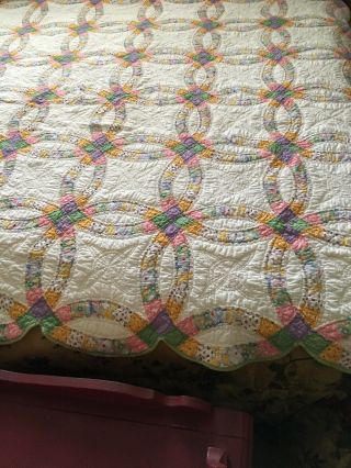 Vintage Double Wedding Ring Quilt Top Hand Stitched - 68” X 78” Full/Queen 2