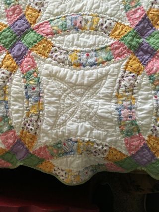 Vintage Double Wedding Ring Quilt Top Hand Stitched - 68” X 78” Full/Queen 4