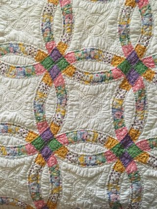 Vintage Double Wedding Ring Quilt Top Hand Stitched - 68” X 78” Full/Queen 6