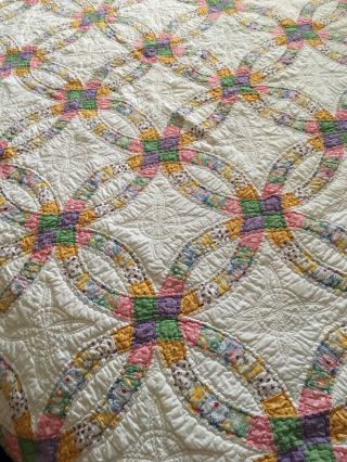 Vintage Double Wedding Ring Quilt Top Hand Stitched - 68” X 78” Full/Queen 7