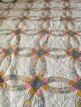 Vintage Double Wedding Ring Quilt Top Hand Stitched - 68” X 78” Full/Queen 8