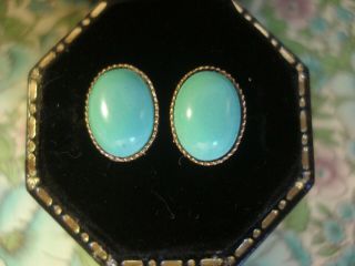 9ct Yellow Gold: Cabochon Cut Natural Turquoise Gemstones Set Earrings
