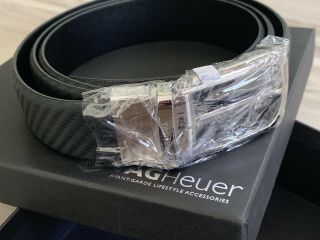 Rare TAG HEUER Black Carbon Fiber Print Leather Belt 3