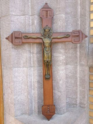 Unique Huge Antique Vintage Art Deco Church Altar Wall Hanging Carved Wood Cross