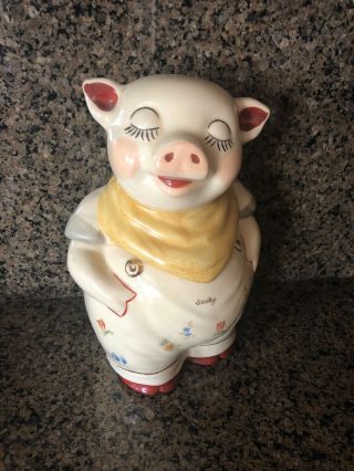 Shawnee Vintage Pottery Smiley Pig Cookie Jar With Gold Trim And Flowered Decals
