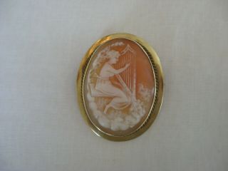 Vintage 10k Solid Gold Cameo Brooch/pin Seated Women Playing Harp In Garden