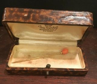 Victorian Antique 14k Gold Red Coral Top Stick Hat Pin 2 Grams With Antique Box