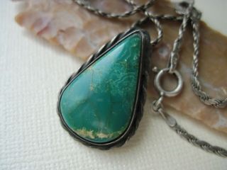 Vintage Navajo Platero Turquoise & Sterling Silver Pendant On A 925 Necklace