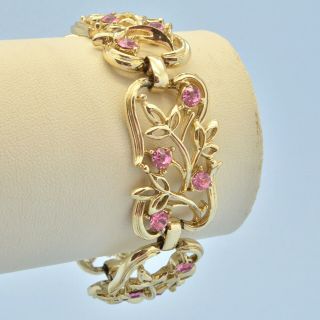 Vintage Bracelet Coro 1950s Pink Crystal Goldtone Leaves Bridal Jewellery