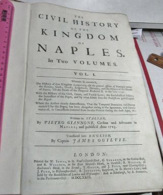 HISTORY OF THE KINGDOM OF NAPLES/1729/RARE 1st Ed/English by JAMES OGILVIE/2 VOL 3