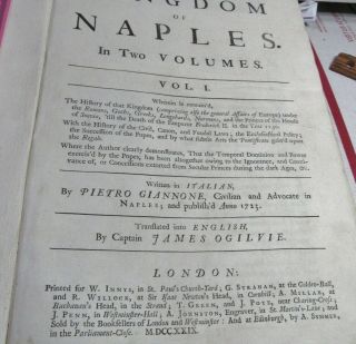 HISTORY OF THE KINGDOM OF NAPLES/1729/RARE 1st Ed/English by JAMES OGILVIE/2 VOL 5
