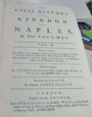 HISTORY OF THE KINGDOM OF NAPLES/1729/RARE 1st Ed/English by JAMES OGILVIE/2 VOL 6