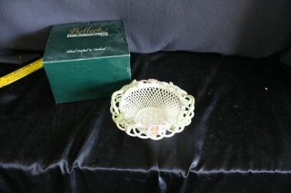 Vintage Belleek Irish Porcelain 4 Strand Round Floral Basket Bowl W/ Box