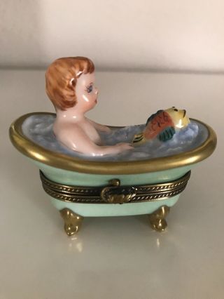 Limoges Peint Main Box - Baby In Bathtub With Fish - Rare No Others Listed