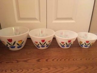 Vintage Fire King Tulip Bowls Milk Glass,  4 Splash Proof Mixing Bowl Set