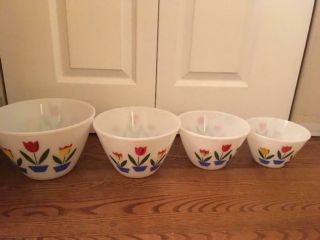 Vintage Fire King Tulip Bowls Milk Glass,  4 Splash Proof Mixing Bowl Set 2