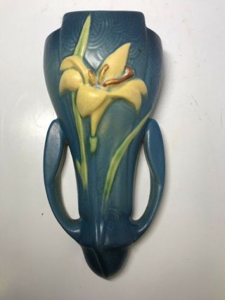 Vintage Roseville Art Pottery Zephyr Lily Wall Pocket Blue 1297 - 8