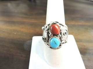 Vintage Turquoise Coral Sterling Silver Ring Size 9 1/2 Rare