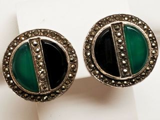 Vintage 925 Sterling Silver Marcasite Green & Black Onyx Round Clip Earrings