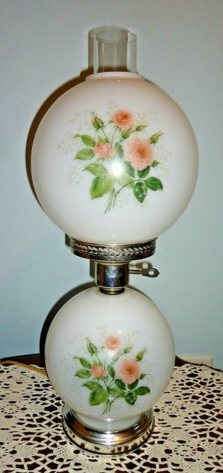 Vintage Globe Hurricane Gone With The Wind Electric Lamp Pink Rose - 3 Way -
