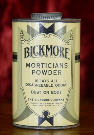 Bickmore Mortician Powder 30s Vintage Advertising Tin Embalming Fluid Funeral