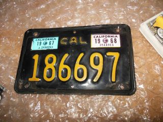 Vintage 1960s California Motorcycle License Plate Black Yellow 1967 1968