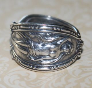 Antique Sterling Silver Art Deco Nouveau Lady Flowing Hair Nude Woman Ring 7.  5