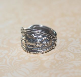 Antique sterling silver art deco nouveau lady flowing hair nude woman ring 7.  5 4