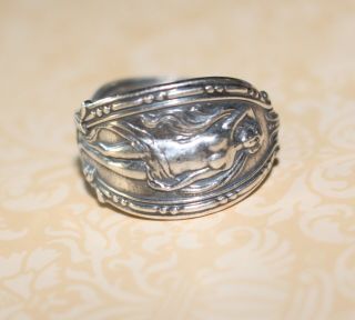 Antique sterling silver art deco nouveau lady flowing hair nude woman ring 7.  5 5