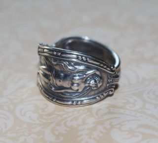 Antique sterling silver art deco nouveau lady flowing hair nude woman ring 7.  5 8