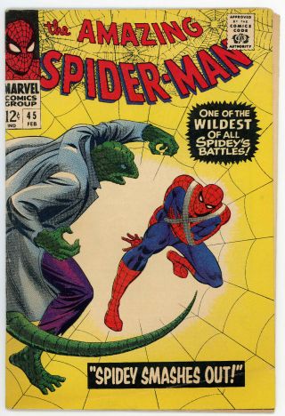 Spiderman 45 (marvel,  Feb 1967) Vintage Hero Comic Book 3rd Lizar