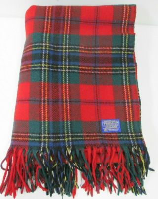 Vintage Pendleton Virgin Wool Plaid Blanket Throw 69x56 Fringe Green Red Blue