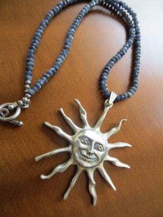 Sapphire Faceted Gemstone Beaded Necklace &sterling Large Sun Face Pendant 16 "