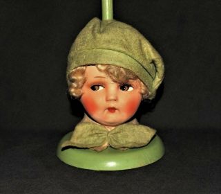 Vintage German Paper - Mache Doll Head Felt Clothes Green Wood Boudoir Hat Stand