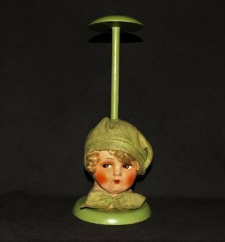 VINTAGE GERMAN Paper - Mache Doll Head Felt Clothes GREEN WOOD BOUDOIR HAT STAND 2