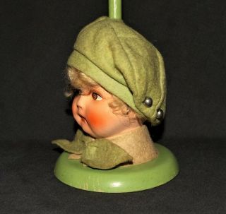 VINTAGE GERMAN Paper - Mache Doll Head Felt Clothes GREEN WOOD BOUDOIR HAT STAND 3