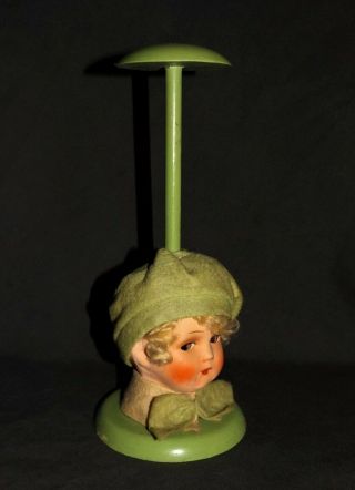 VINTAGE GERMAN Paper - Mache Doll Head Felt Clothes GREEN WOOD BOUDOIR HAT STAND 4